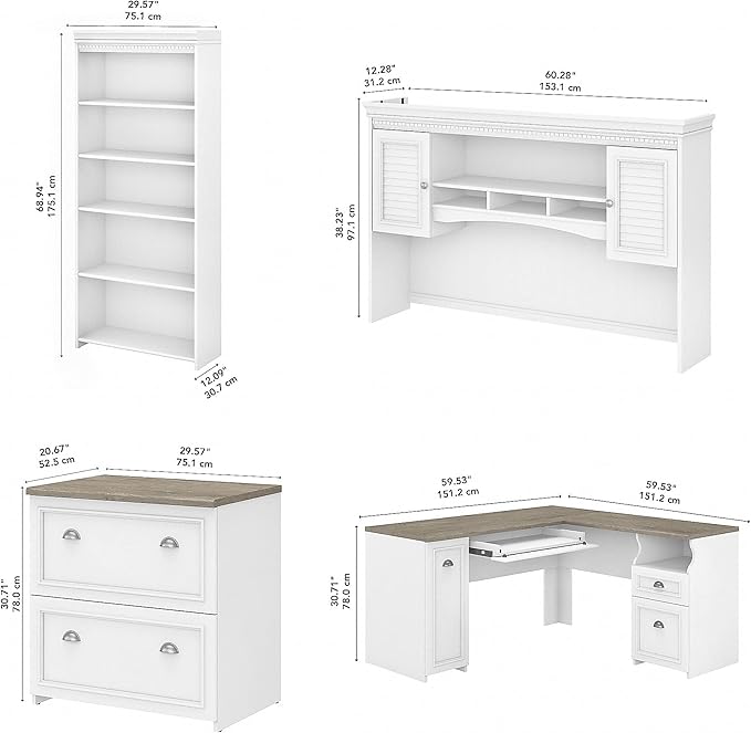 Bush Furniture Fairview 60W L Shaped Desk with Hutch, Lateral File Cabinet and 5 Shelf Bookcase in Pure White and Shiplap Gray