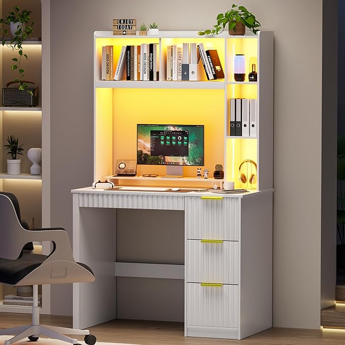 WOOVIVS Home Office Desk with Hutch & LED Lights - 39" Computer Desk with Charging Station, 3 Large Drawers, Hidden Compartment & Fluted Panel Design,White Writing Desk for Bedroom, Study