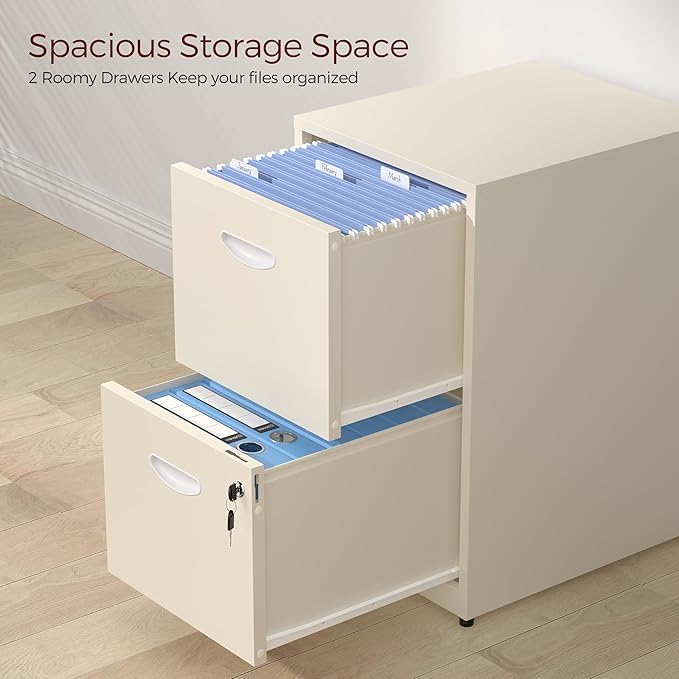 2 Drawer File Cabinet with Lock,Cream Metal Filing Cabinets,Vertical Locking File Cabinet Fit Hanging Files, Letter,File Box and A4 Documents(Cream)
