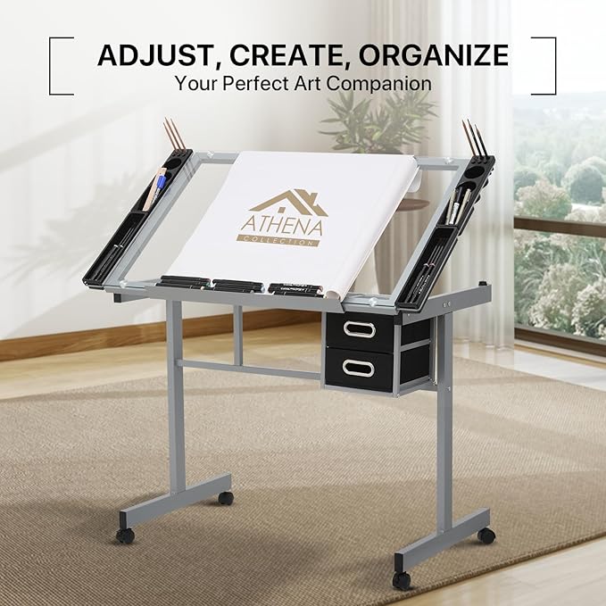 Athena Collection 41" Drafting Table Adjustable Angle Drawing Table Tempered Glass Art Desk Metal Frame Craft Desk for Artist with Fabric Drawers, Rolling Casters and Trays, Light Grey
