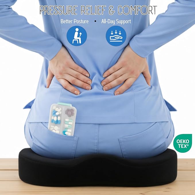 Seat Cushion For Tailbone Pain Relief – Ergonomic Gel Memory Foam Pad for Sciatica & Lower Back Support, Perfect for Office, Car, Truck, Gamer, Airplane, Wheelchair & Home, Bonus Pill Case Included