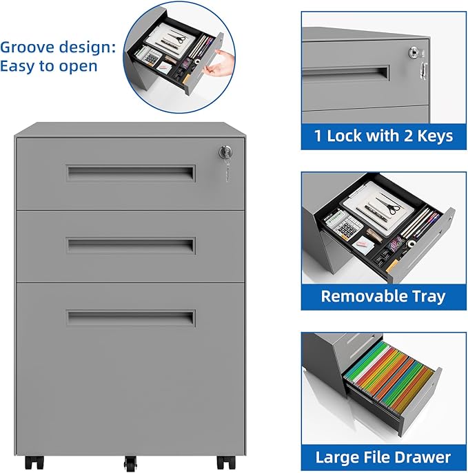 Dripex 3 Drawer Grey File Cabinet, Mobile Under Desk Storage File Cabinet with Lock on Wheels, Fully Assembled, Letter/Legal Size, Small Short Vertical Metal Rolling Filing Cabinets for Home Office