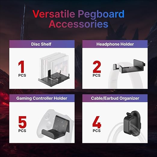 PEGZONE Controller and Headphone Holder Wall Mount, Modular Gaming Pegboard with Accessories, Controller Stand for Xbox PS5 PS4 Switch, Video Game Storage, Disc Shelf, 7pcs Pegboard, Black & Red