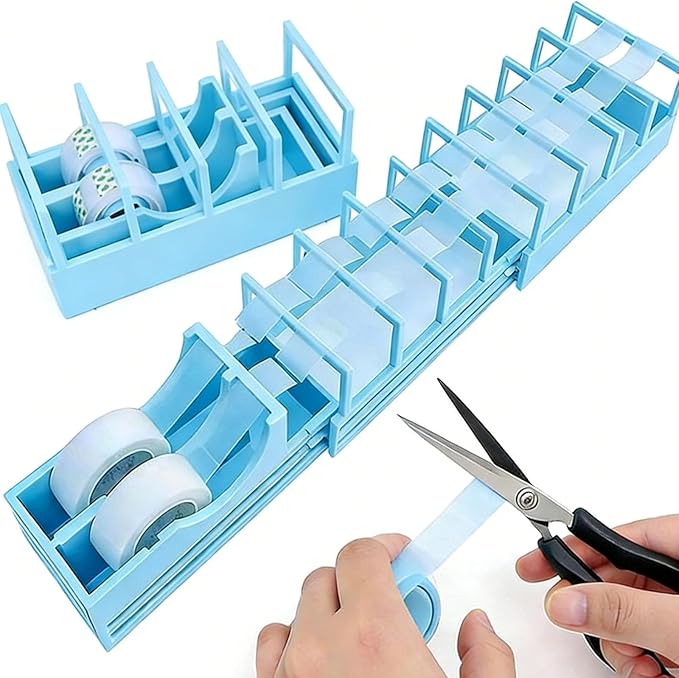 18 Strips Tape Dispenser, Blade-Free Tape Holder Cutting for Fast Christmas Gift Wrapping, Handmade,Crafts and Packaging Works with Standard, Washi & Double-Sided Tape (Blue)