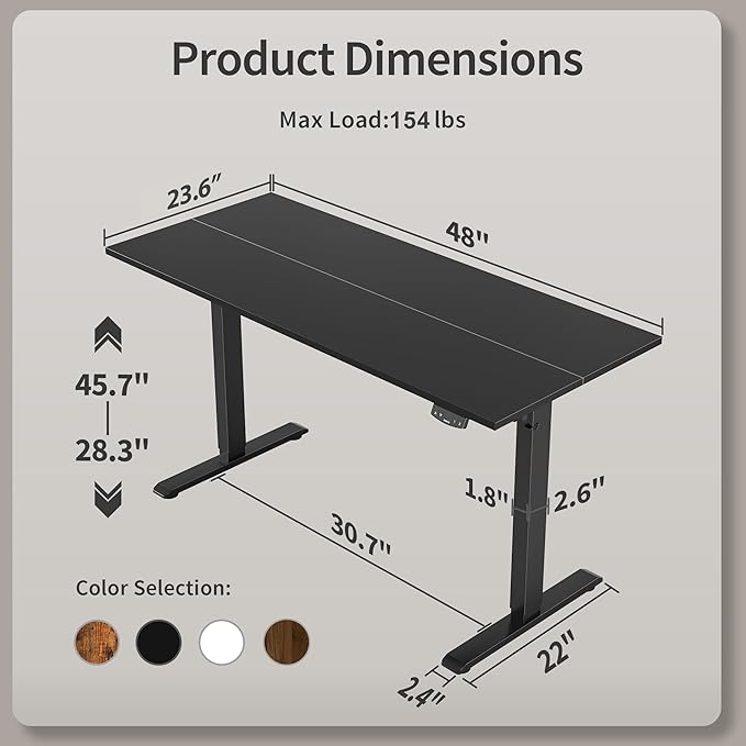 Agilestic Electric Standing Desk, 48 x 24 Inches Height Adjustable Desk, Sit Stand up for Work Office Home, Ergonomic Rising Computer Table with Memory Preset, Black