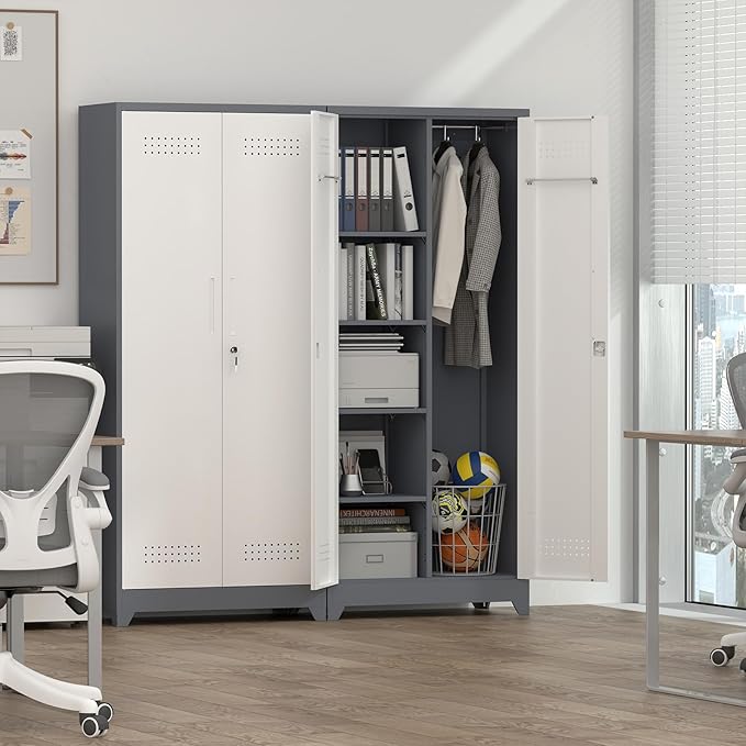 IRONFFICE Metal Garage Storage Cabinet with 2 Doors,72" H Steel Locking Storage Cabinet with Adjustable Shelves,Lockable Tool Cabinets for Office,Home,Garage,Gym,Grey-White