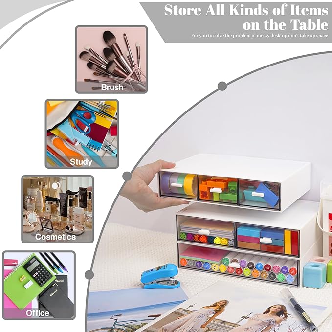 3 Tier Stackable Desk Organizer with 6 Drawers, YOCOMEY Plastic Desktop Storage Box Drawers, Detachable Makeup Storage Office Stationery Supplies Organizer for Office School(New White)