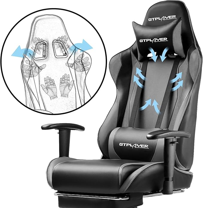 GTPLAYER Gaming Chair with Footrest, Ergonomic Computer Game Desk Chair, Reclining Gamer Chair Seat Height Adjustment, Swivel Rocker with Headrest and Lumbar (Gray)