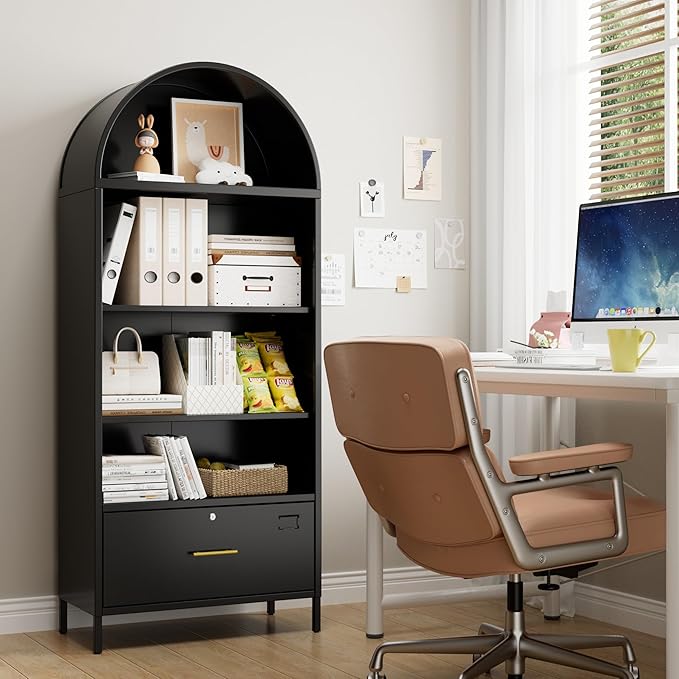 Aobabo 72.8" H Metal Arched Bookcase with 2 Adjustable Shelves and 1 File Drawer for Home Office, Black,Required Assembled