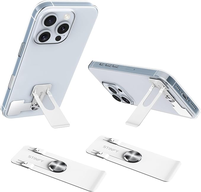 Phone Slim Stand Thin Kickstand, Ultra Thin Vertical Horizontal Universal Steel Metal Stable Mount Attachable Pocket Friendly Phone Holder for iPhone Samsung Phone Case (White 2-Pack)
