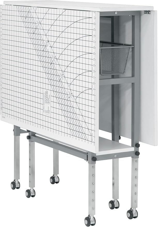 Sew Ready Foldable Hobby and Cutting Grid Table - 58.75" W x 36.5" D White Arts and Crafts Table with Grid Top and Silver Storage Drawers