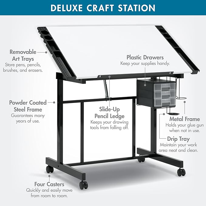 Studio Designs Deluxe Craft Station, Top Adjustable Drafting Table Craft Table Drawing Desk Hobby Table Writing Desk Studio Desk with Drawers, 36''W x 24''D, Black/White