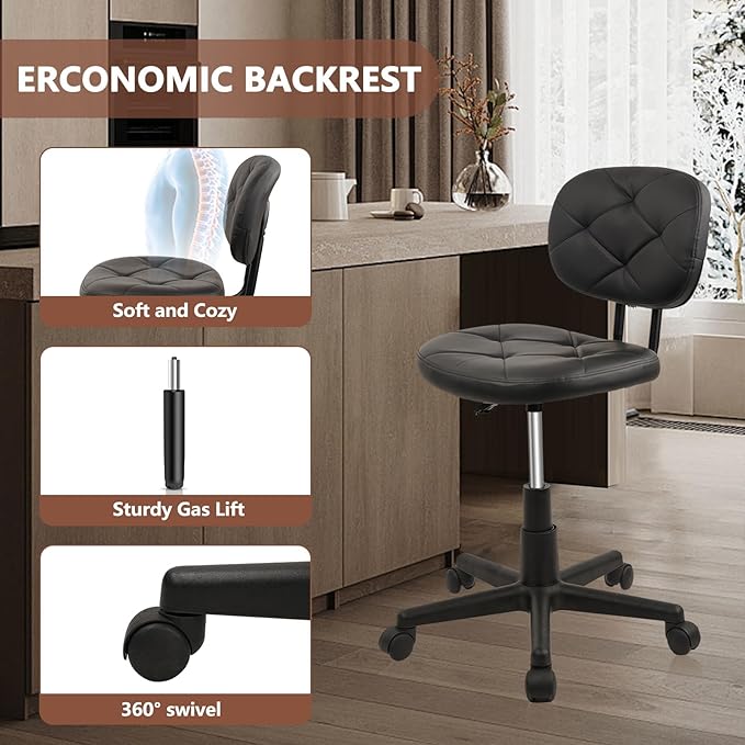 KLASIKA Rolling Stool Chair with Backrest Leather Swivel Salon Spa Stools, Adjustable Height Work Garage Chairs for Home Bar Desk Computer, 4PK