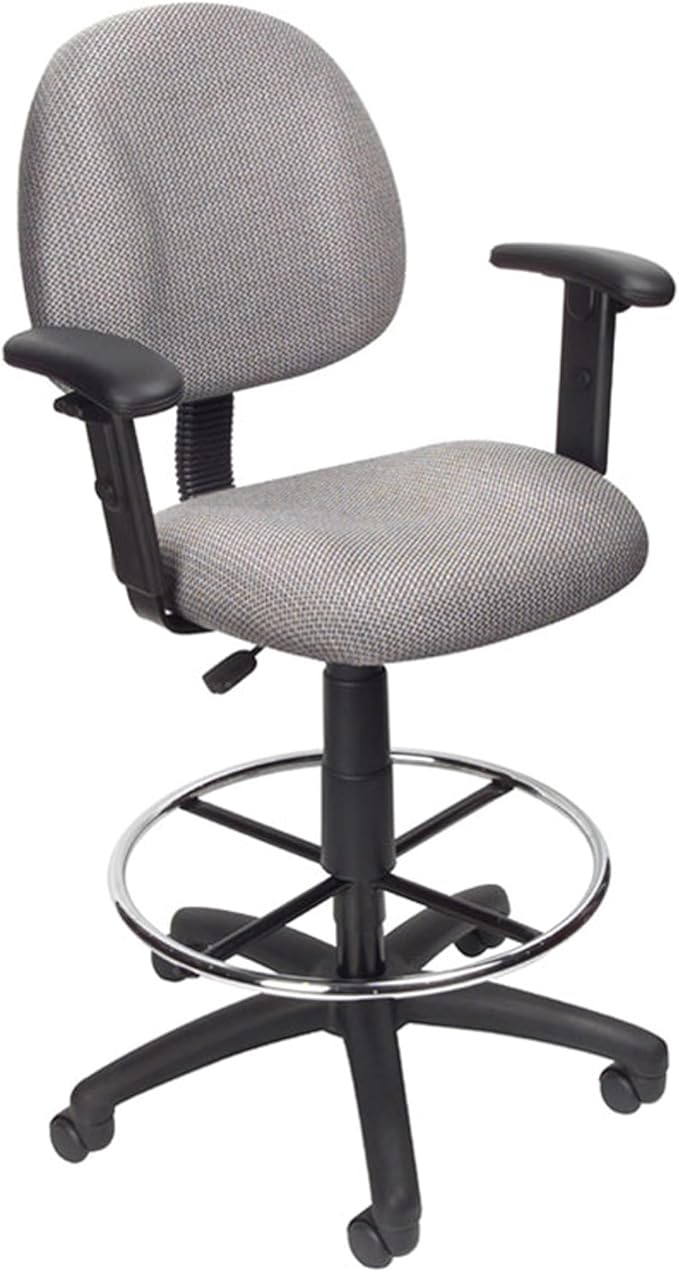 Benzara Jea Drafting Stool Chair, Adjustable, Gray Tweed, Round Footring