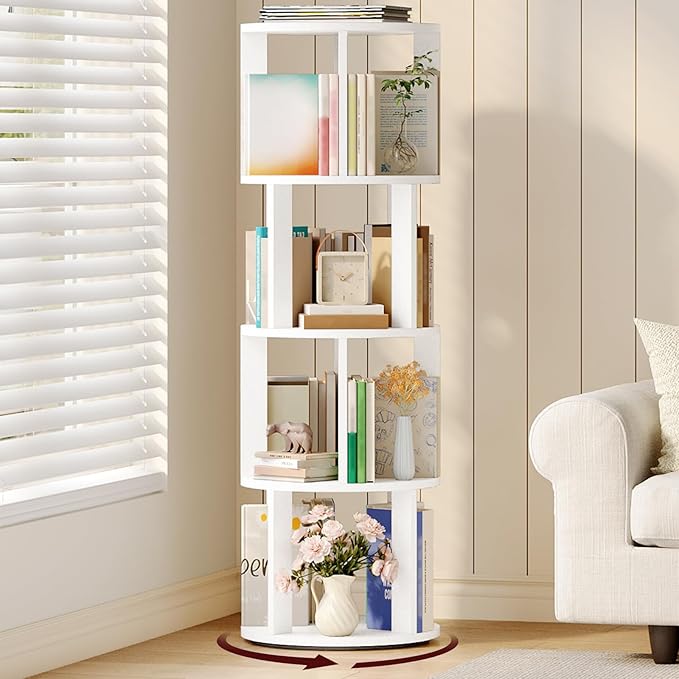 MAHANCRIS 4-Tier Rotating Bookshelf, 360° Spinning Bookshelf Tower, Floor Standing Round Revolving Bookcase, Display Rack for Books, CDs, for Living Room, Study, Bedroom, White BKWT6401