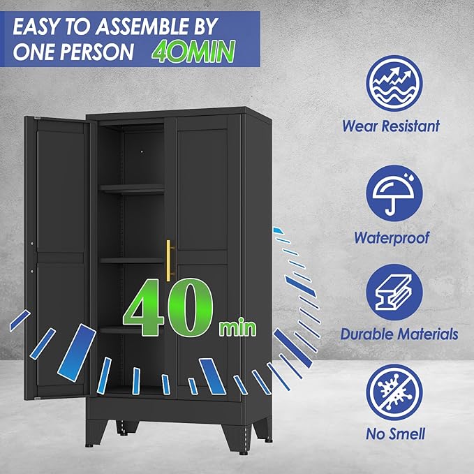 47" Metal Storage Cabinet with Adjustable Leveling Foot,Garage Storage Cabinets with 2 Doors and 3 Adjustable Shelves, Black Steel Cabinet for Office,Home,Garage(Black)