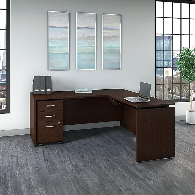 Bush Business Furniture Series C 72W x 30D 3 Position Sit to Stand L Shaped Desk with Mobile File Cabinet in Mocha Cherry