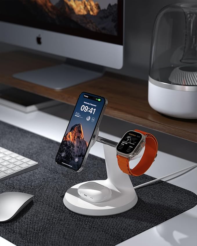 QTlier 3 in 1 Charger for MagSafe, Wireless Charging Station, Compatible with MagSafe Charger for iPhone 16 15 14 13 12 Series, AirPods Pro/3/2, 5W for Apple Watch(30W Adapter Included)