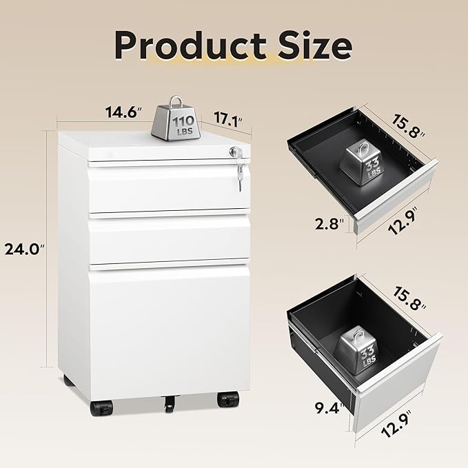 DEVAISE 3-Drawer Mobile File Cabinet (Under Office Desk), Assembled Except Casters, Fits Letter/Standard Sizes, White