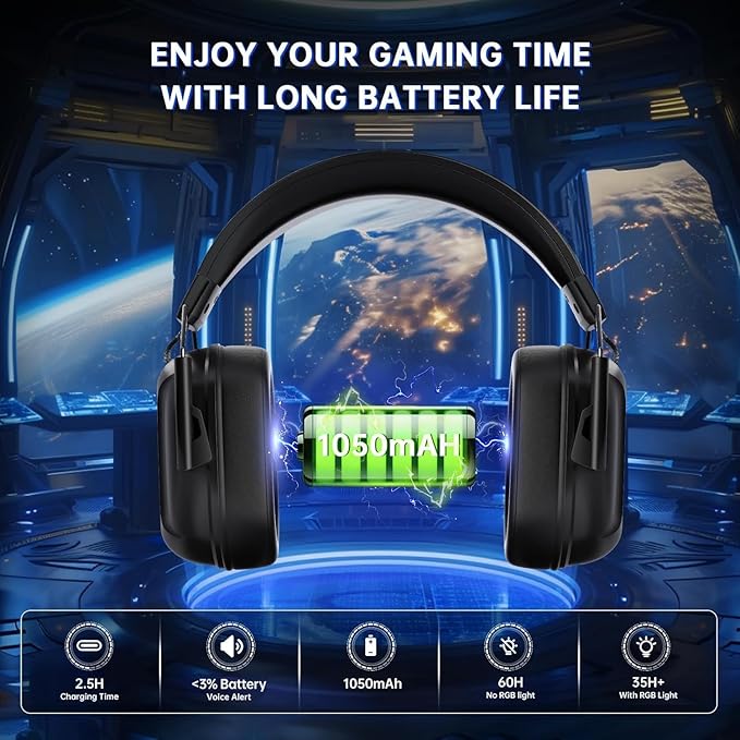 RYR Wireless Gaming Headset for Xbox Series X|S, Xbox One, PC, PS4/5, Mac, Switch, Mobile, 3D Surround Sound, Bluetooth 5.3, 60H Battery, Gaming Headphones with Detachable Noise Canceling Mic-Black