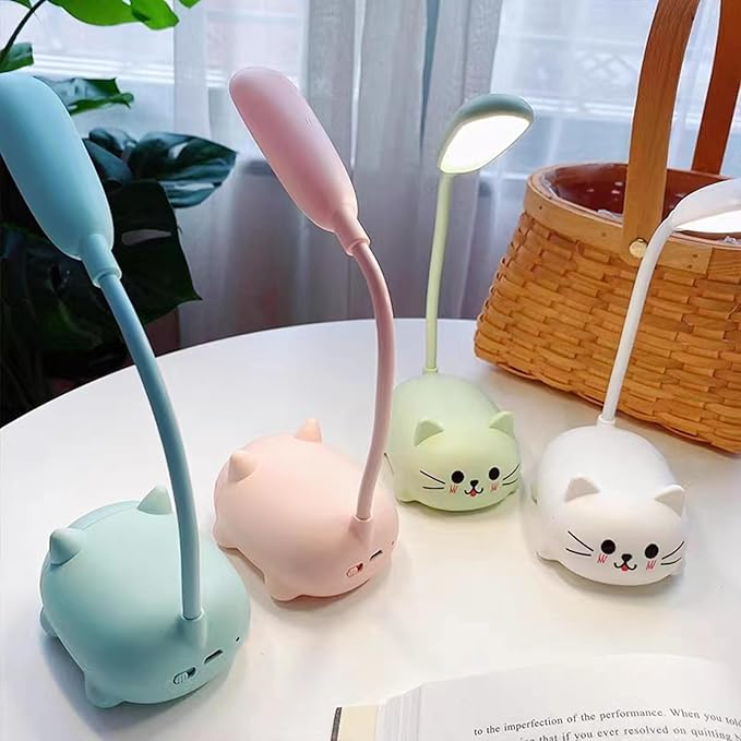 Neioaas LED Desk Lamp for Kids, Cute Cat Lamp USB Rechargeable Reading Light,Portable LED Table Light, Flexible Gooseneck Eye-Care Cartoons Small Desk Lamp Girls Gifts (Green)