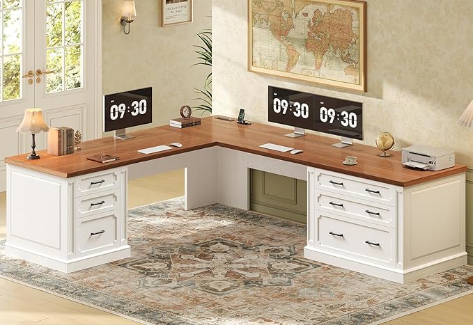 SEDETA Farmhouse 78.7" Executive L Shaped Desk with 6 Drawers, Home Office Desk with Power Outlet, File Cabinet Storage, Wood Corner Computer Desk for Work and Study, White