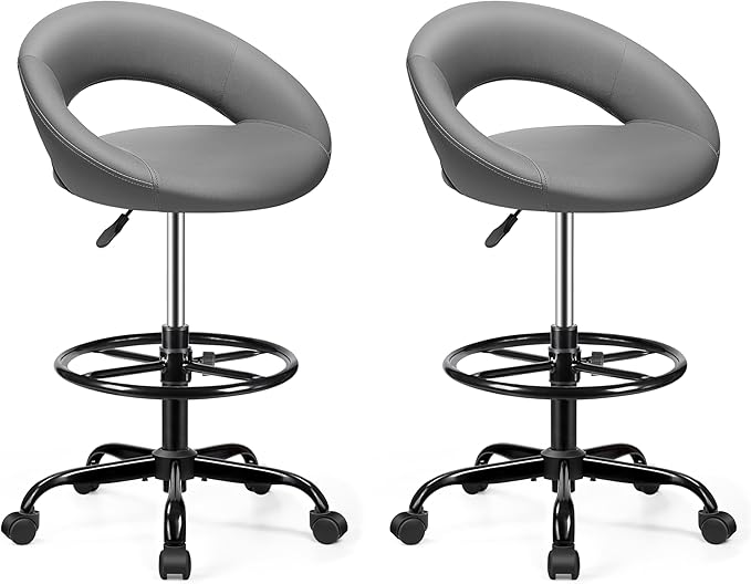 BESTFAIR Drafting Chair with Back, Height Adjustable Rolling Stool with Foot Rest, Tall 360° Swivel Stool PU Leather Chair with Wheels for Home Office, Standing Desk, Gray 2 Pack