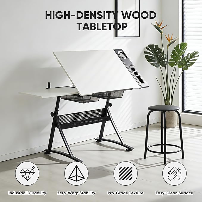 Magshion Professional Drafting Table for Adults w/Stool, Tilting Wooden Tabletop & Adjustable Height, Art Craft Desk Watercolor Paintings Sketching Work Station for Studio Home Office School (White)