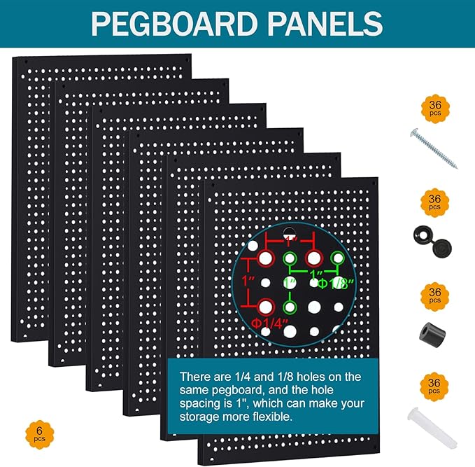 Metal Peg Board Kit with 1/4" Pegboard Accessories,Include 16.5"X13" Peg Board and Extra Thick Pegboard Accessories,Wall Organizer PegBoard Panels Tool Organizer Storage System (128)
