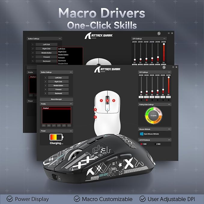 ATTACK SHARK X6 Lightweight Wireless Gaming Mouse with RGB Backlight Charging Base,Tri-Mode Wired/2.4GHz/BT5.2,26K DPI, PAW3395 Optical Sensor,HUANO Switch,5programmable Buttons,PC/Mac(Black+Sticker)