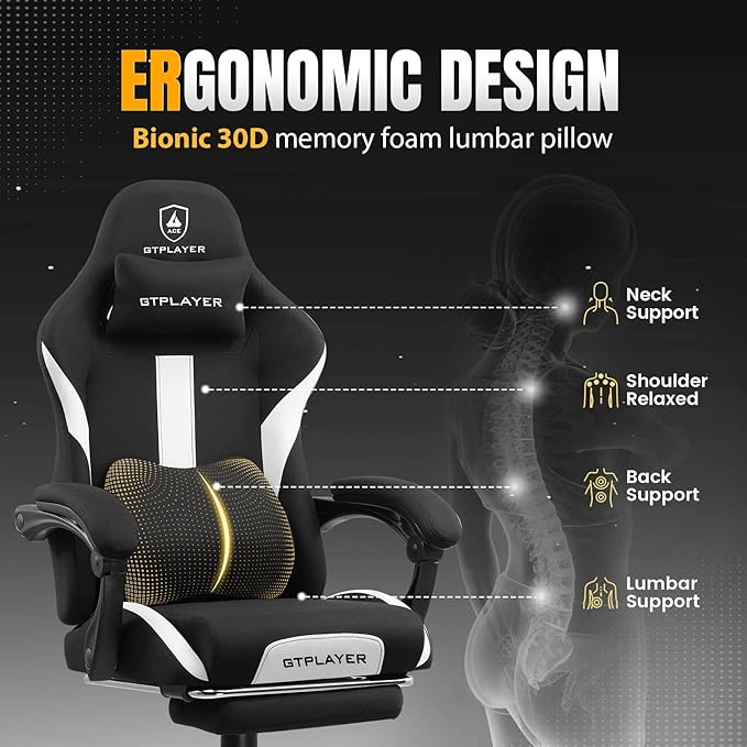 GTPLAYER Gaming Chair with Foot Rest & Pocket Spring Cushion, Breathable Fabric for Home Office Desk, Ergonomic High Back Computer Chair with Headrest & Lumbar Support, Black