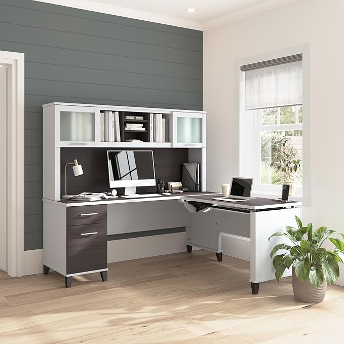 Bush Home Somerset 72W 3 Position Sit to Stand L Shaped Desk with Hutch in White and Storm Gray | Adjustable Height Table for Home Office