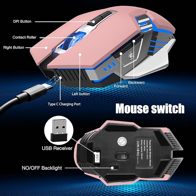 Wireless Mouse Bluetooth, Silent Rechargeable Multi-Device Mouse, BT5.0/3.0 and USB Cordless Computer Mice, RGB Light up Gaming Mice for Laptop PC Mac Macbook Air/Pro iPad Tablet Office Games -Pink
