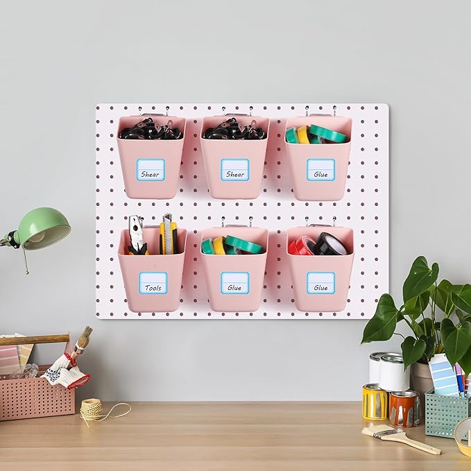 Namalu 12 Pack Pegboard Storage Bins with Labels and Hooks Bulk Peg Board Organizer Accessories Hanging Cup Organizer Pegboard Cup Holder (Pink)