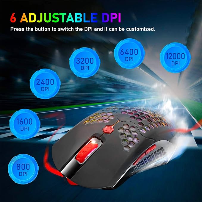 ZIYOU LANG Wired/Wireless Lightweight Gaming Mouse,16 RGB Backlit Mice with 7 Buttons Programmable Driver,PAW3325 12000DPI,Rechargeable 800mA Battery,Lightweight Honeycomb Shell Mouse for PC Gamer