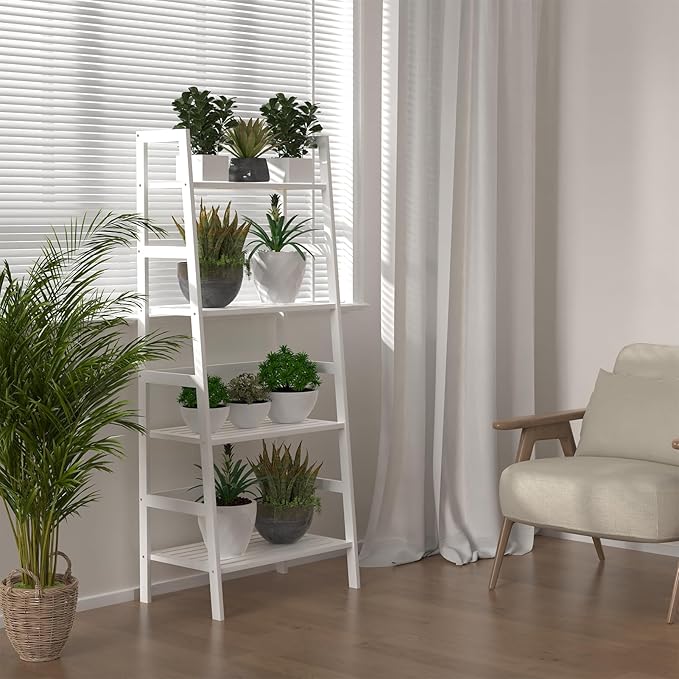 Bamboo White Bookshelf, 4-Tier Ladder Shelf Freestanding Space Saver Open Bookcase Book Shelf, Bamboo Storage Shelving Unit Flower Plant Stand for Living Room, Bathroom, Home Office