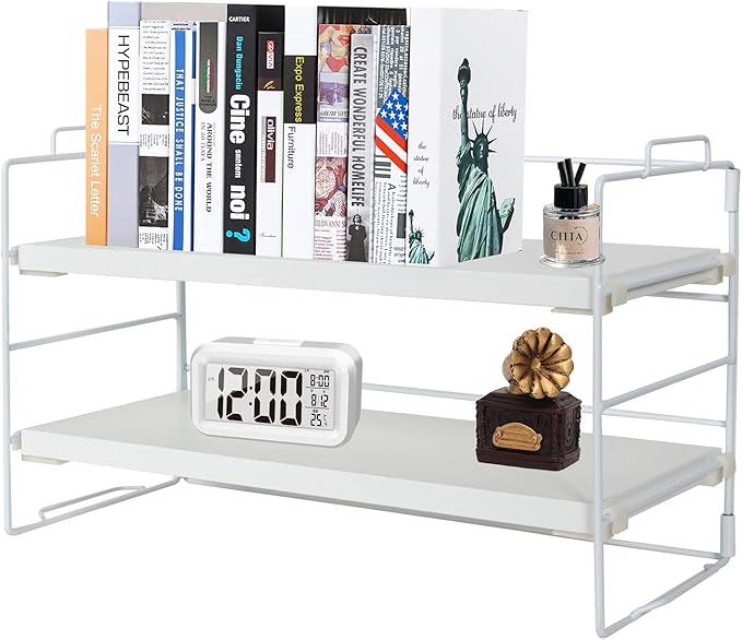 PowerKing Desk Shelf Organizer, 2-Tier Desktop Shelves with Wood Board, Adjustable Bookshelf Storage Rack for Home Office School Study Room (White Frame + White Wood)