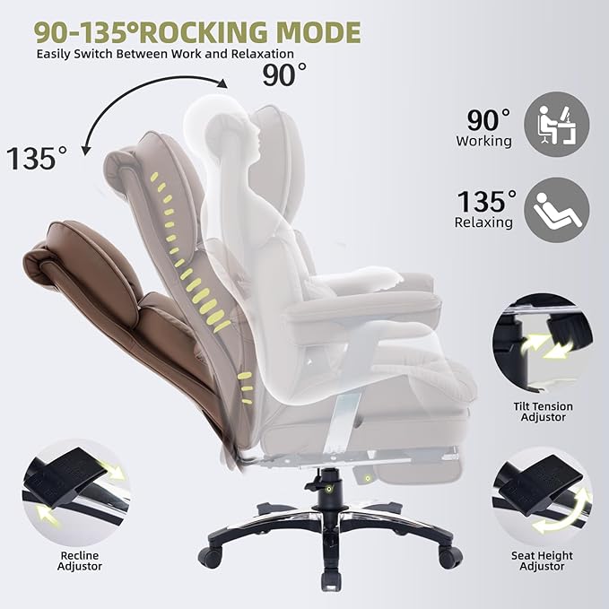 Efomao Desk Office Chair, X-Embroidery Big and Tall PU Leather Home Chair, Adjustable High Back Computer Gaming Chair, 200kg Swivel Executive Office Chair with Footrest and Lumbar Support, Brown