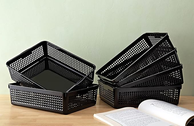 Eslite A4 Size Plastic Storage Basket,Desktop File Paper Letter Organizer Tray, 6-Packs (Black)
