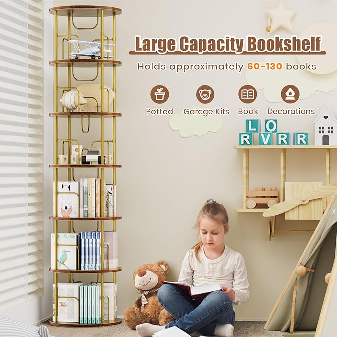 ALLSTAND 6 Tier Rotating Bookshelf, 360 ° Display Stackable Spinning Bookshelf Tower, Corner Bookshelf Tall Floor Standing Swivel Bookcase Narrow Storage Organizer for Bedroom, Living Room, Gold