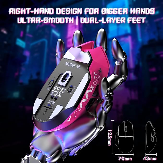ATTACK SHARK V6 65g Wireless Gaming Mouse with RGB Magnetic Charging Dock,BT/2.4G Wireless/Wired Mouse 1K Polling,PixArt PAW3311 Sensor,25K DPI,Tape,Programmable Gamer Mice for PC/Win/Mac (Rose)