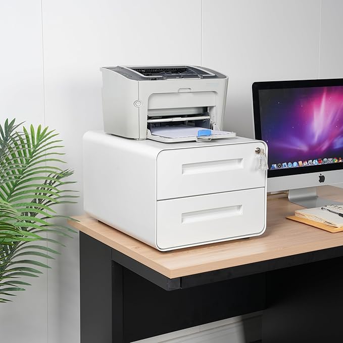 Under Desk Printer Stand with Storage – 2-Drawer Printer Table for Home & Office, Mobile Printer Cart with 2 Sets of Casters and Lockable Drawers, 4 Keys, White