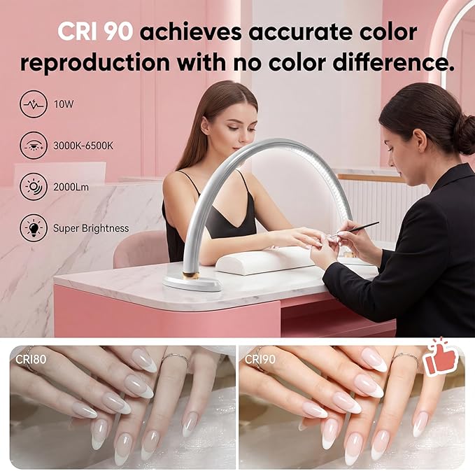 16" Half-Moon Nail Desk Lamp with Foldable Bracket, Stepless Dimming 3000–6500K Shadow-Free LED Task Light for Manicure Table/Salon, Makeup, Lashes & Crafts, Eye-Caring, DC-Powered – White