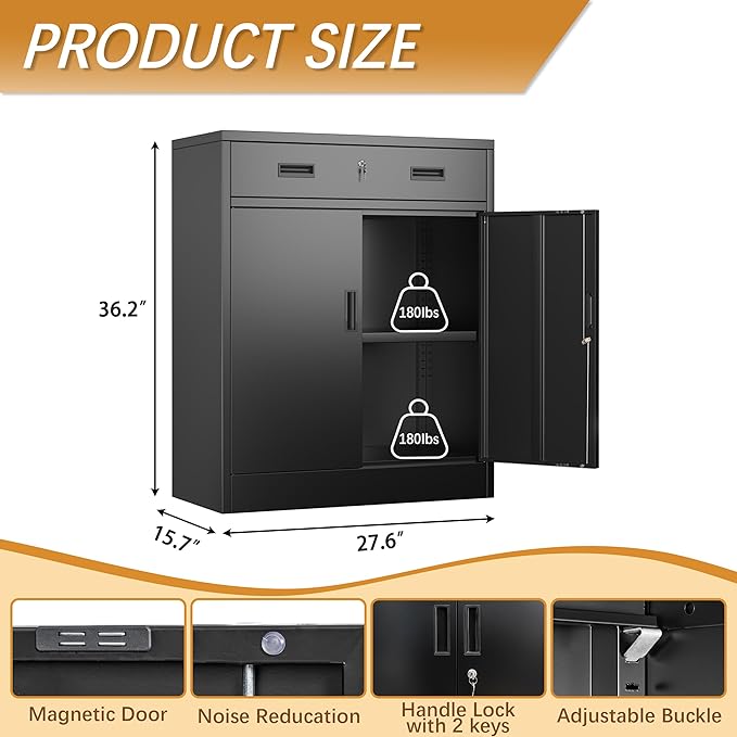 Metal Storage Cabinet with 1 Drawer, 36" H Locking Storage Cabinet, Metal Cabinets with Doors and Shelves for Home, School, Office, Garage, Black
