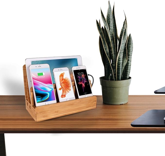 Bamboo Wood Multi-Device Desktop Charging Dock Station Charger Holder Cradle Stand Compatible for iPhone 16 15 14 13 12 11 Pro Max iPad mini Pro Air Laptop Tablets Samsung LG Sony Smartphones