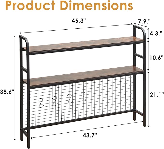 Desktop Hutch Shelf Organizer, 2-Tier Metal & MDF Desk Bookshelf with Grid Panel and Hooks for Office & Dorm (Rustic Brown, 45.3")