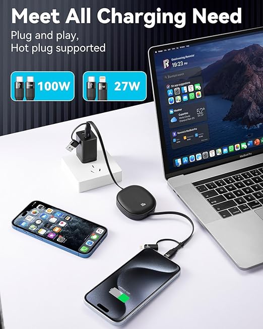 5 in 1 Retractable USB Type C Cable, 100W Multi Fast Charging Cable 5A Charging Cord USBC Charger with USB C/A to C/Lightning Travel Charger for iPhone 17 16 15 14,MacBook,iPad,Samsung S24 S23-3.86FT
