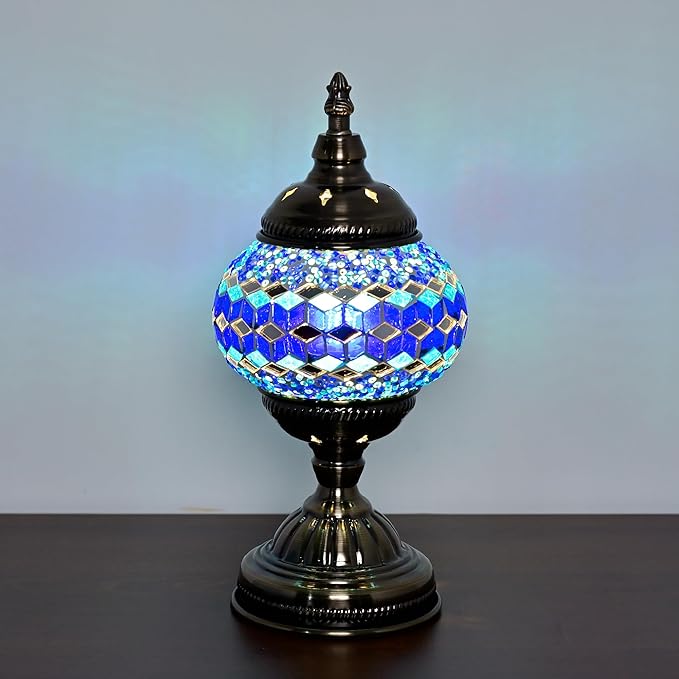 GOGERS Turkish Moroccan Table Lamp Lantern with Handmade Mosaic Glass Lampshade Tiffany Style Bohemian Stained Glass Decorative Desk Lamps Bedside Night Lights for Bedroom (Multiple Blues)