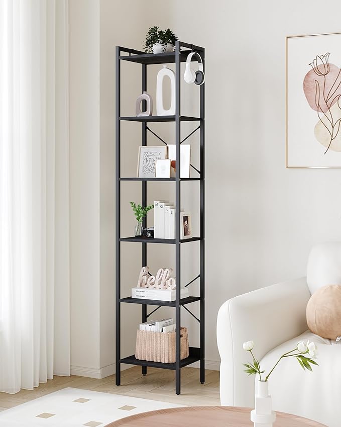 Hzuaneri Bookshelf, Book Shelf, Industrial Bookcase with 2 Hooks, Coner Shelf Storage Organizer for Home Office, Living Room, Bedroom, Kitchen, 6-Tier Black BC10704B