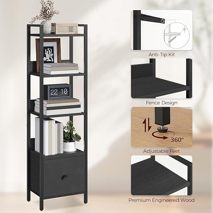 MAHANCRIS Bookshelf, 5-Tier Bookcase with Drawer, Small Book Shelf for Small Space, Storage Shelf Organizer, for Living Room, Bedroom, Study, Kitchen, Black BKHB55101